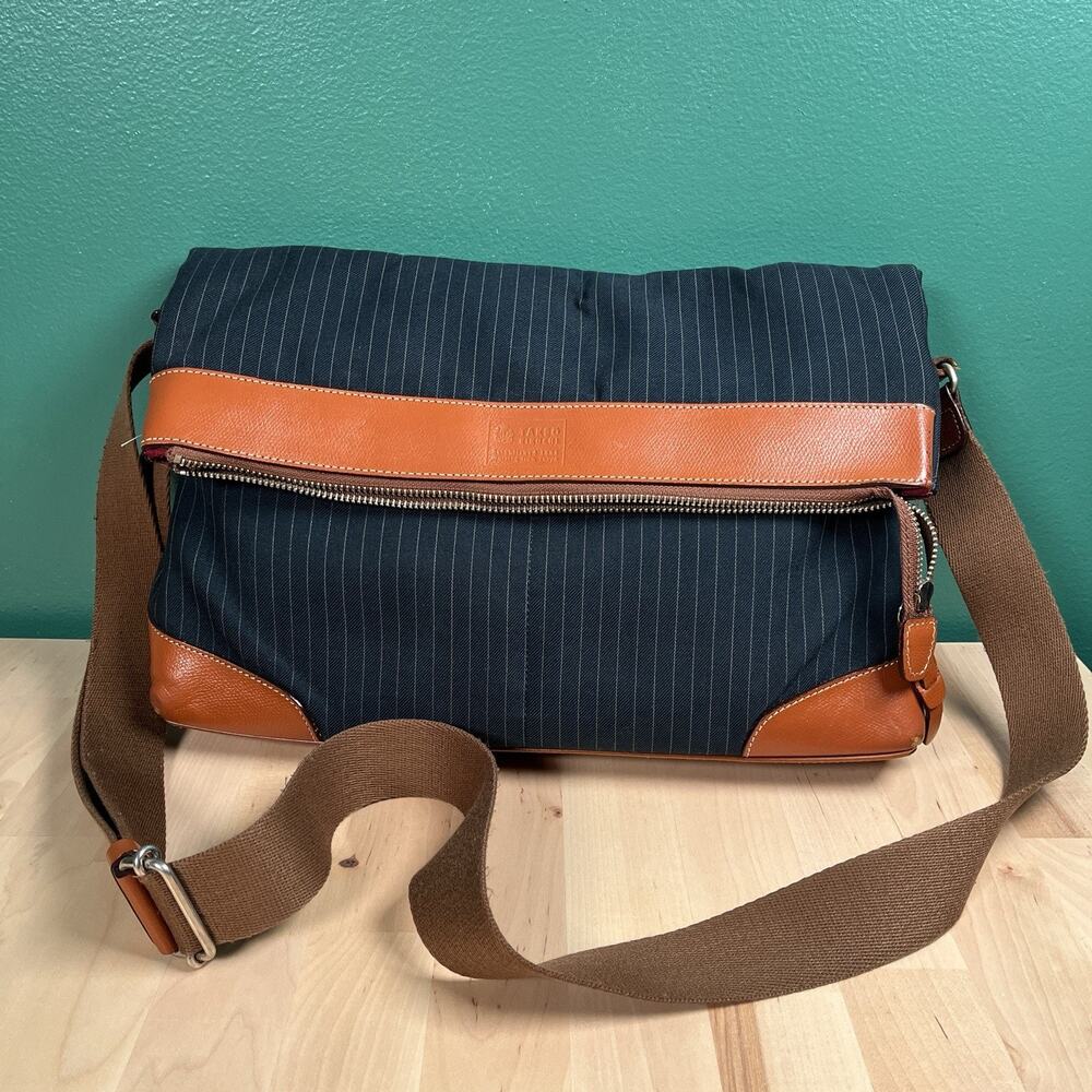 Takeo Kikuchi Blue Pinstripe Shoulder Bag Brown Leather Trim Brown Japan